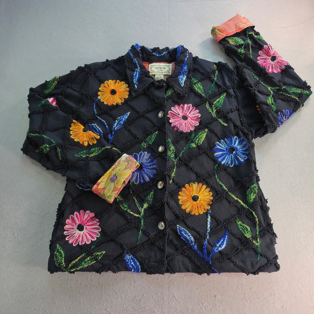 Tantrums Black Floral Embroidered Cotton Lattice Jacket M Boho Whimsigoth Vtg - Picture 1 of 13